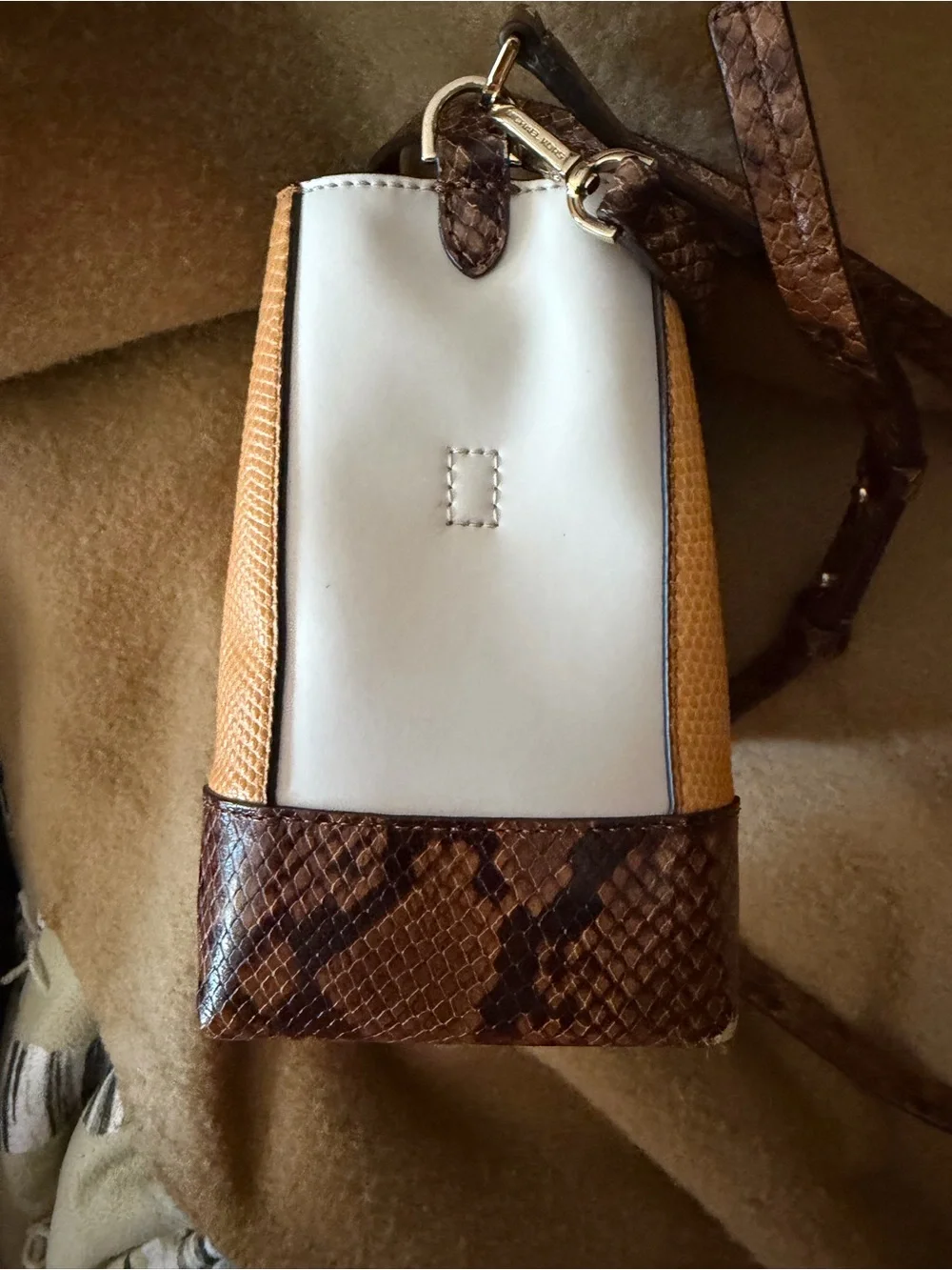 Michael Kors Tan, Cream & Brown Snake Print Mini Bucket Crossbody w/ Top Handle